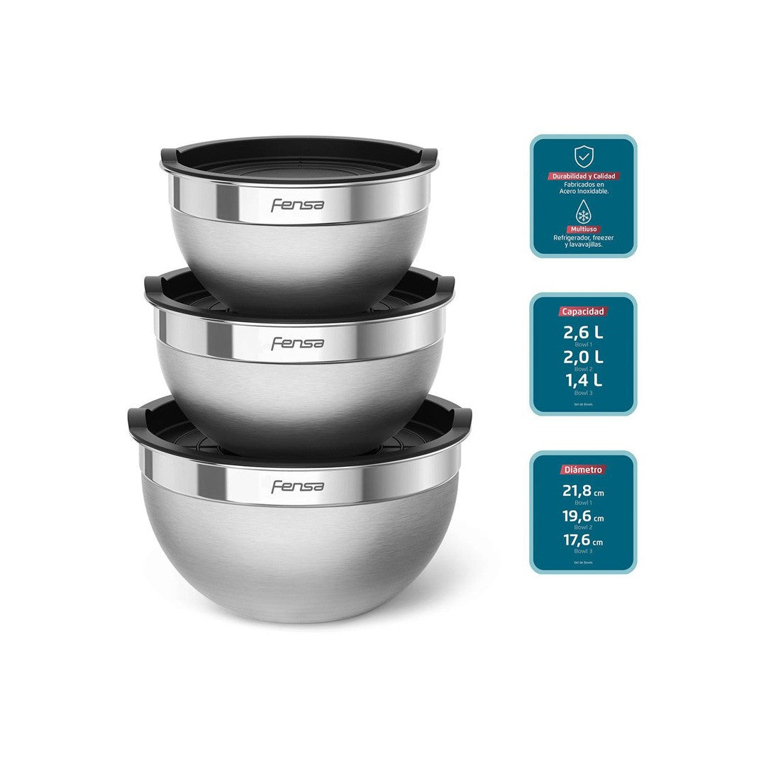 Set De 3 Bowls De Acero Inoxidable Fensa-2