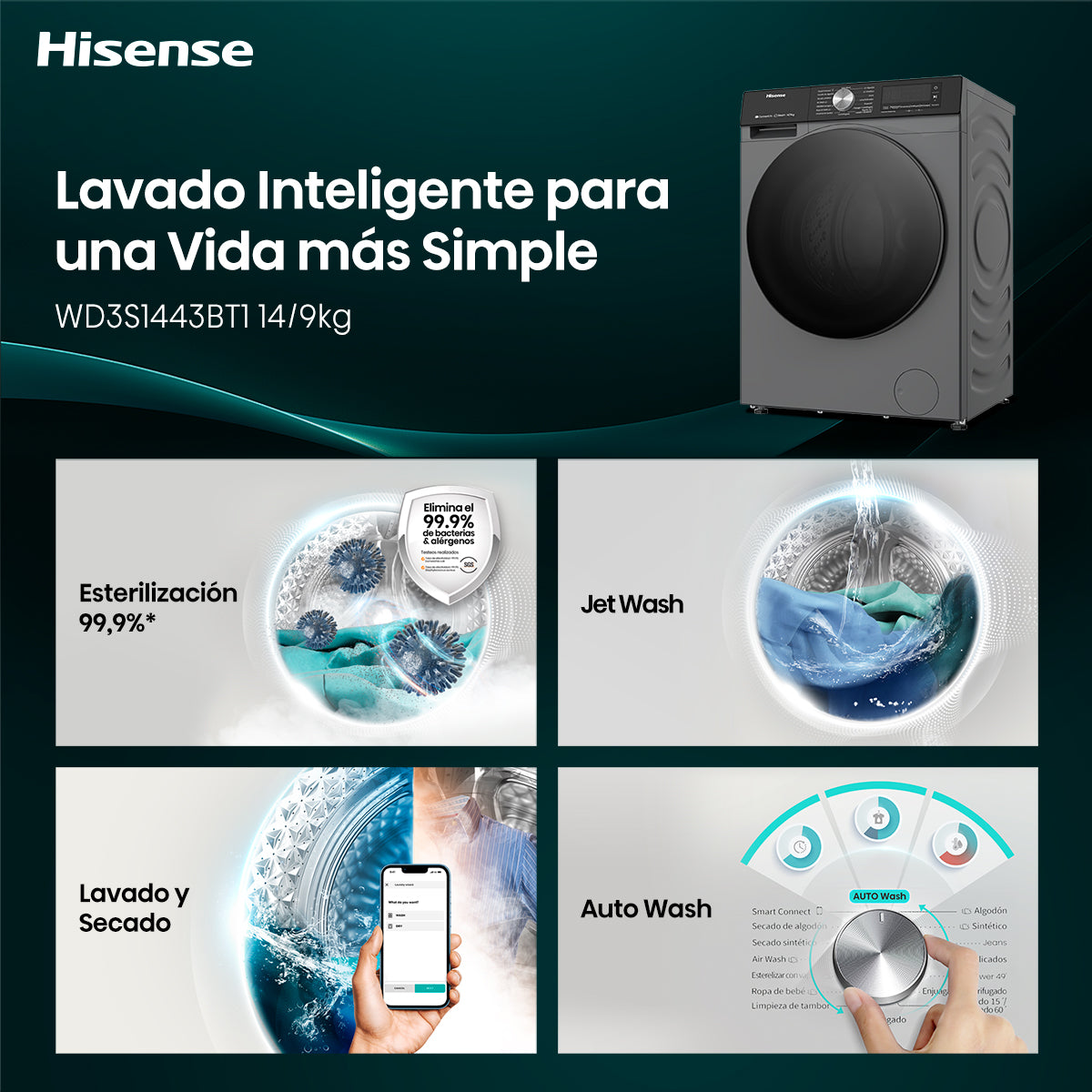 Lavadora Secadora Carga Frontal 14/9 Kg Hisense WD3S1443BT1